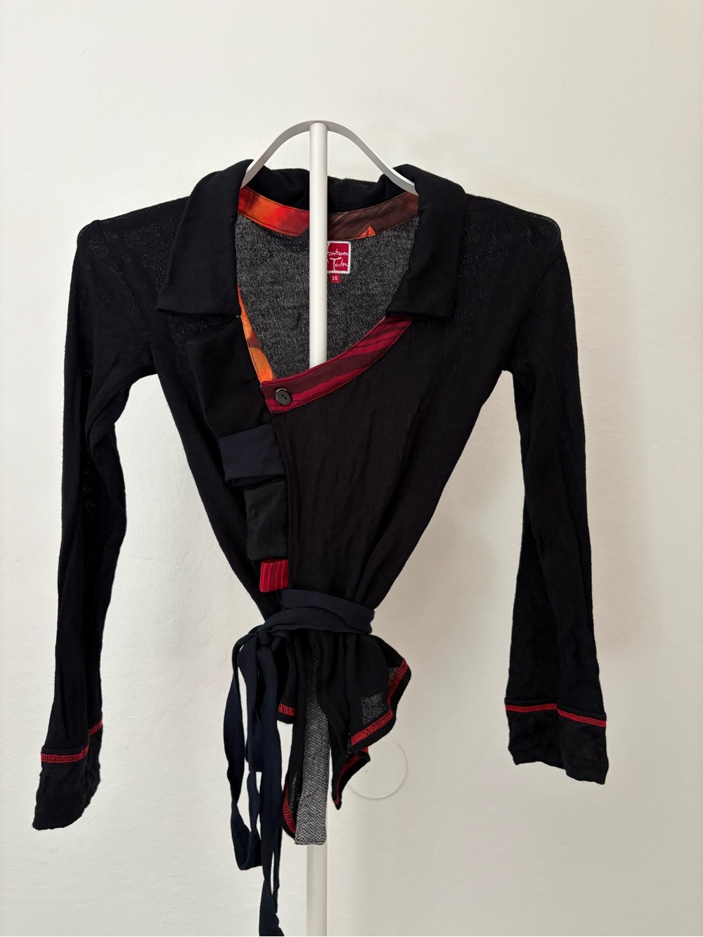 Aventures des Toiles Art to Wear Wrap Cardigan Jacket Black Red Orange